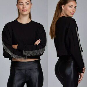 NOLI Yoga Fringe Tassel Cropped Cotton Black Sweatshirt Beaded Chain Glam S $108